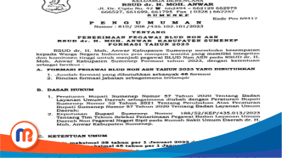 Pengumuman Nomor: 810/208/435.102.101/2023 tentang Penerimaan Pegawai BLUD Non ASN RSUD dr. H. Moh. Anwar Kabupaten Sumenep Formasi Tahun 2023