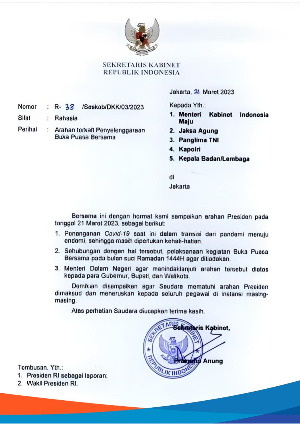 Surat Sekretaris Kabinet Republik Indonesia Nomor R-38/Seskab/DKK/03/2023 Perihal: Arahan terkait Penyelenggaraan Buka Puasa Bersama