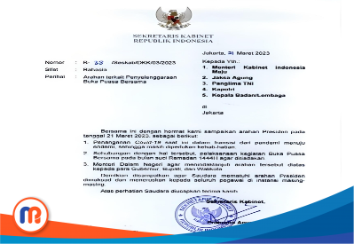 Surat Sekretaris Kabinet Republik Indonesia Nomor R-38/Seskab/DKK/03/2023 Perihal: Arahan terkait Penyelenggaraan Buka Puasa Bersama.