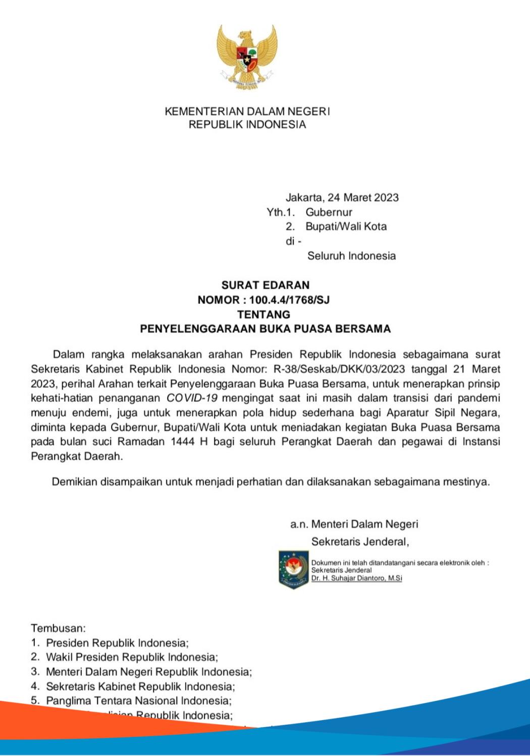 Surat Edaran Nomor: 100.4.4/1768/SJ tentang Penyelenggaraan Buka Puasa Bersama
