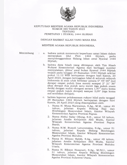 Keputusan Menteri Agama Nomor 386 Tahun 2023 tentang Penetapan 1 Syawal 1444 H (Sumber: Kemenag RI, 2023).