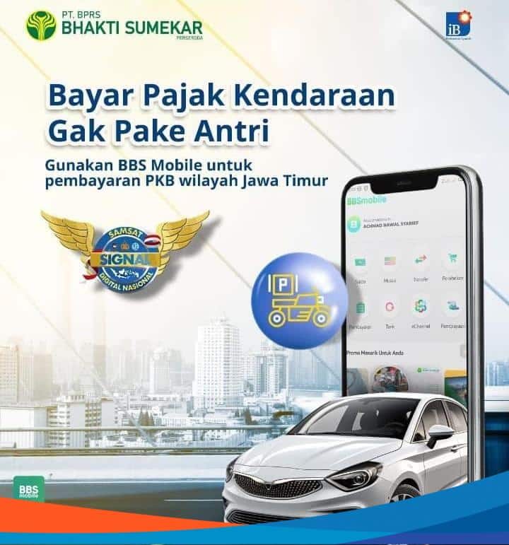 Pamflet Bank Pembiayaan Rakyat Syariah (BPRS) Bhakti Sumekar, Kabupaten Sumenep, Madura, Jawa Timur fasilitasi pembayaran pajak kendaraan bermotor melalui BBS Mobile. (Sumber Foto: istimewa, 2023).