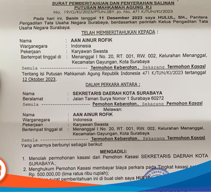 Surat Putusan Mahkamah Agung Republik Indonesia (MA RI), pada 15 Desember 2023, (Dok. Istimewa, 2023).