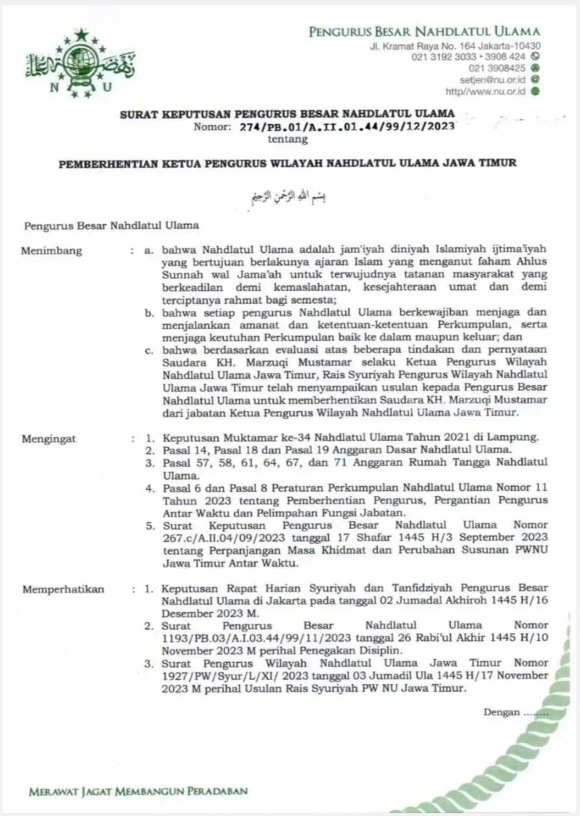 Surat Keputusan PBNU Nomor: 274/PB.01/A.II.01.44/99/12/2023 tentang Pemberhentian Ketua Pengurus Wilayah Nahdlatul Ulama Jawa Timur (Sumber: PBNU, 2023).