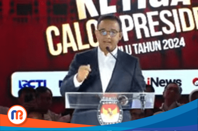 Tangkapan layar Anies Rasyid Baswedan (Anies) pada saat Debat Ketiga Pilpres 2024 pada Minggu (7/1/2024), pukul 19.00 WIB, di Istora Senayan, Jakarta Pusat (Dok. Madurapres, 2024).