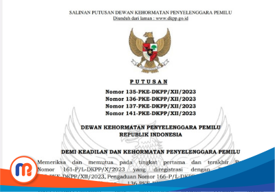 Putusan Perkara Nomor: 135-PKE-DKPP/XXI/2023, 136-PKE-DKPP/XXI/2023, 137-PKE-DKPP/XXI/2024, dan 141-PKE-DKPP/XXI/2023 yang mempertanyakan pendaftaran Gibran sebagai Cawapres dalam Pilpres 2024