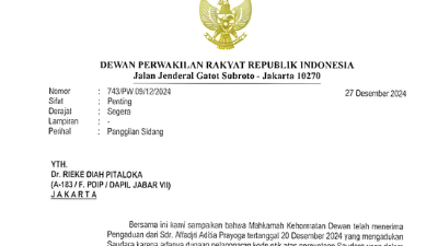 Surat Pemanggilan Sidang MKD DPR RI Nomor: 743/PW.09/12/2024 dengan agenda sidang meminta keterangan dari Rieke Diah Pitaloka sebagai teradu pada Senin, 30 Desember 2024