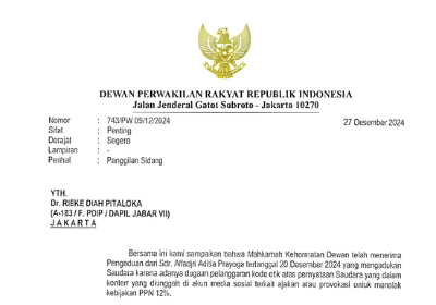 Surat Pemanggilan Sidang MKD DPR RI Nomor: 743/PW.09/12/2024 dengan agenda sidang meminta keterangan dari Rieke Diah Pitaloka sebagai teradu pada Senin, 30 Desember 2024