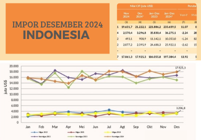 Perkembangan Impor Indonesia di bulan Desember tahun 2024 naik signifikan menurut data Badan Pusat Statistik (BPS)