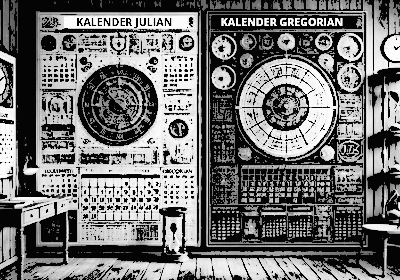 Gambar ilustrasi Kalender Julian dan Gregorian adalah dua buah karya ilmiah dan teknologi manusia yang berupaya mengharmonisasi waktu