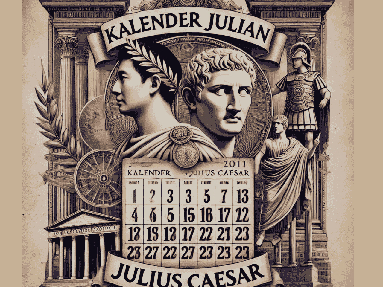 Foto kolase Kalender Julian dan Julius Caesar, yang terkenal di masyarakat Barat di abad sebelum Masehi