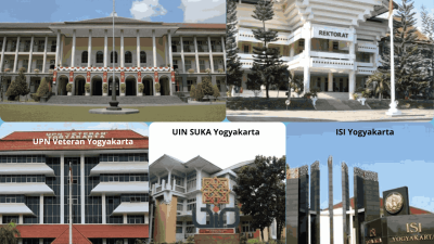 Foto kolase PTN UGM, UNY, UPN Veteran Yogyakarta, UIN SUKA Yogyakarta, dan ISI Yogyakarta