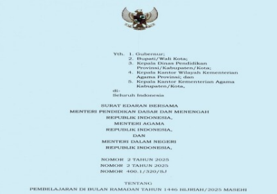 Surat Edaran Bersama Menteri Pendidikan Dasar dan Menengah, Menteri Agama serta Menteri Dalam Negeri Nomor 2 Tahun 2025, Nomor 2 Tahun 2025, dan Nomor 400.1/320/SJ tentang Pembelajaran di Bulan Ramadan 1446 Hijriah/2025 Masehi