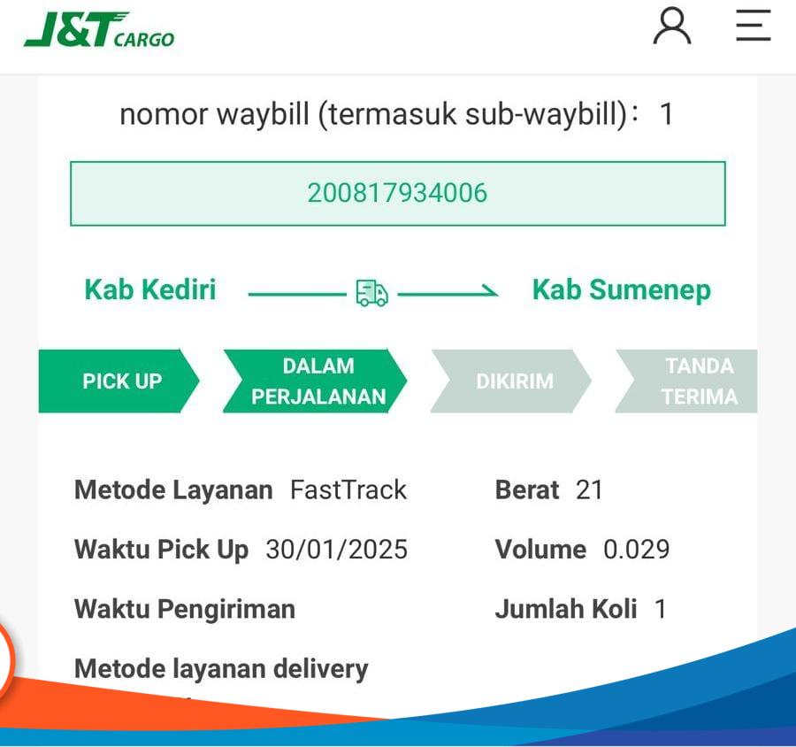 Bukti resi pengiriman Fast Track J&T Cargo