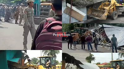 Foto kolase penertiban PKL di area Stadion Bangkalan, pada Senin (03/02/2025) kemarin, oleh aparat gabungan Pemkab dan Polres Bangkalan dari tangkapan layar video yang viral di media sosial