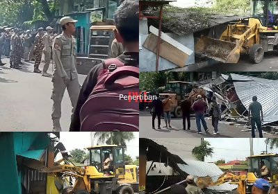 Foto kolase penertiban PKL di area Stadion Bangkalan, pada Senin (03/02/2025) kemarin, oleh aparat gabungan Pemkab dan Polres Bangkalan dari tangkapan layar video yang viral di media sosial