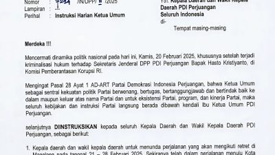 Surat Instruksi Dewan Pimpinan Pusat (DPP) Partai Demokrasi Indonesia Perjuangan (PDI Perjuangan) yang dikeluarkan pada Kamis (20/02/2025)