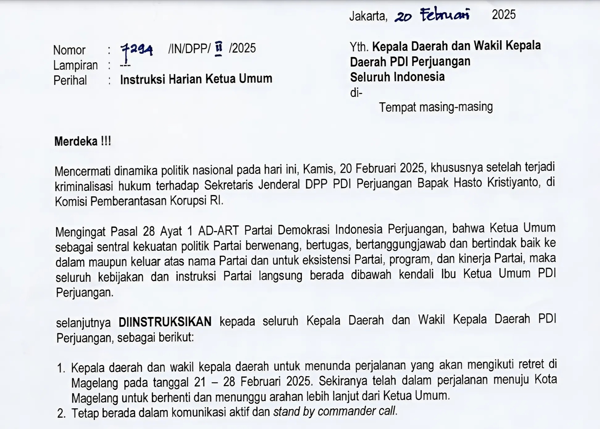 Surat Instruksi Dewan Pimpinan Pusat (DPP) Partai Demokrasi Indonesia Perjuangan (PDI Perjuangan) yang dikeluarkan pada Kamis (20/02/2025)