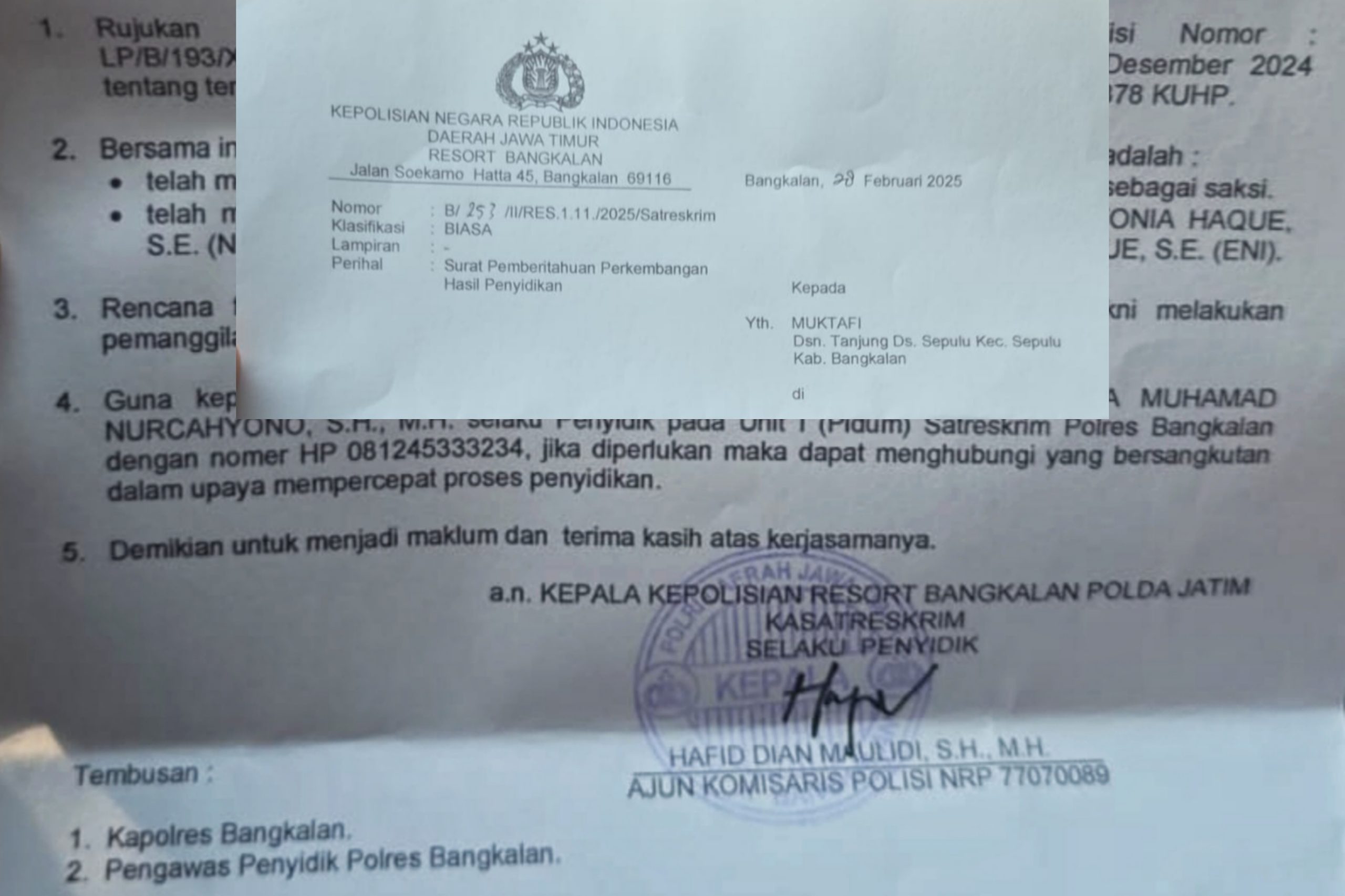 SP2HP yang dikeluarkan penyidik Polres Bangkalan yang diserahkan kepada korban Muktafi, melalui kuasa hukumnya