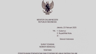 Surat Edaran Menteri Dalam Negeri Nomor 900/833/SJ tentang tentang Penyesuaian Pendapatan dan Efisiensi Belanja Daerah dalam Anggaran Pendapatan dan Belanja Daerah (APBD) Tahun Anggaran (TA) 2025