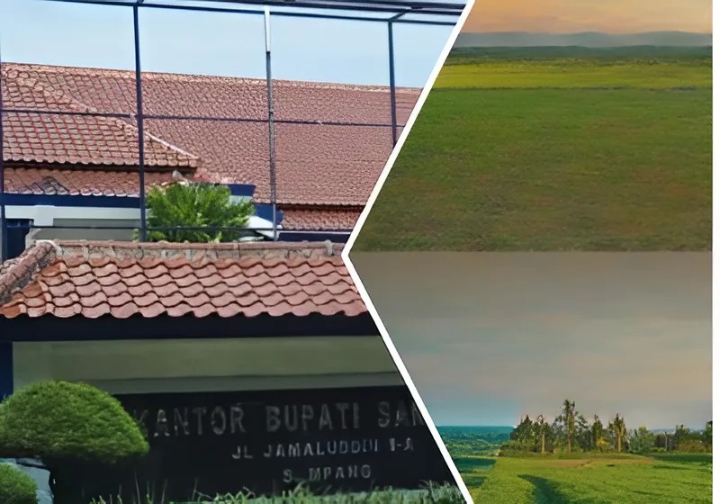 Kantor Pemerintah Kabupaten Sampang dan areal persawahan di Kabupaten Sampang. Ilustrasi ini menggambarkan keadaan Pendapatan Daerah di Kabupaten Sampang