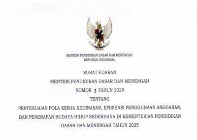 Surat Edaran Mendikdasmen Nomor 3 Tahun 2025 tentang Penyesuaian Pola Kerja Kedinasan, Efisiensi Penggunaan Anggaran, dan Penerapan Budaya Hidup Sederhana di Kementerian Pendidikan Dasar dan Menengah Tahun 2025