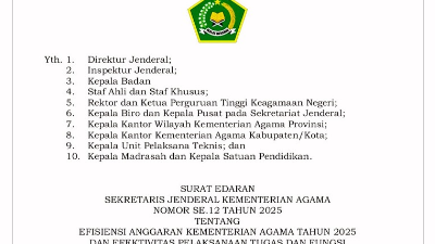 Surat Edaran Sekretaris Jenderal (Sekjen) Kementerian Agama (Kemenag) Nomor 12 Tahun 2025 tentang Efisiensi Anggaran Kementerian Agama Tahun 2025 dan Efektivitas Pelaksanaan Tugas dan Fungsi Kementerian Agama