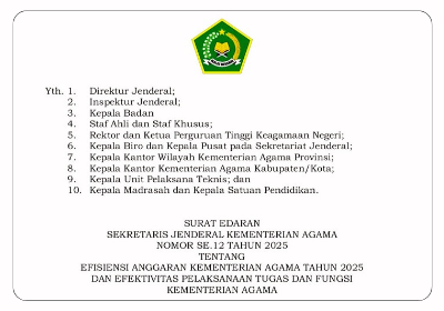 Surat Edaran Sekretaris Jenderal (Sekjen) Kementerian Agama (Kemenag) Nomor 12 Tahun 2025 tentang Efisiensi Anggaran Kementerian Agama Tahun 2025 dan Efektivitas Pelaksanaan Tugas dan Fungsi Kementerian Agama