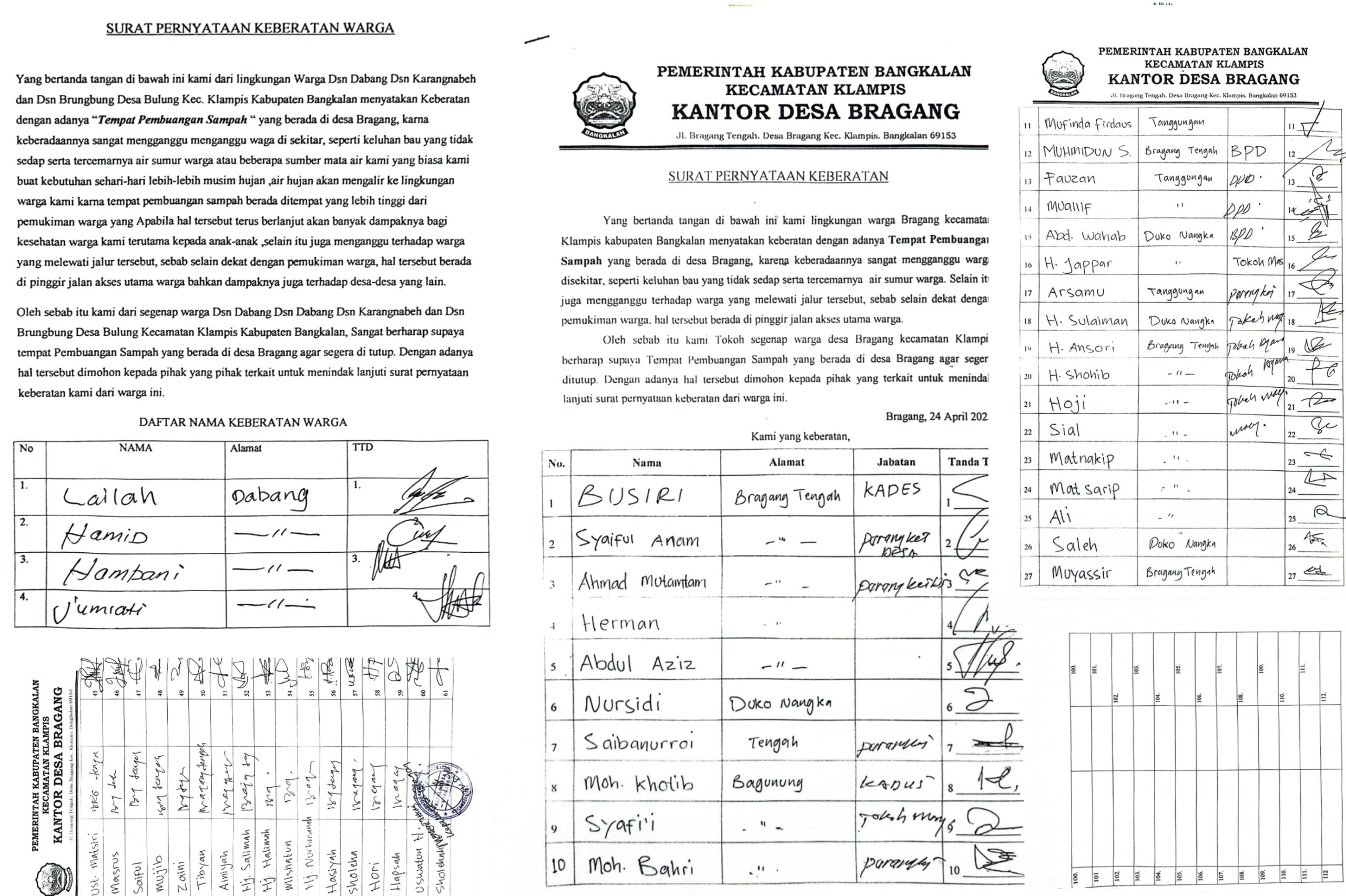 Bukti autentik hasil koordinasi dengan warga yang berdampak langsung penempatan TPAS di Desa Bragang, yang dibuktikan dengan tanda tangan dari masyarakat