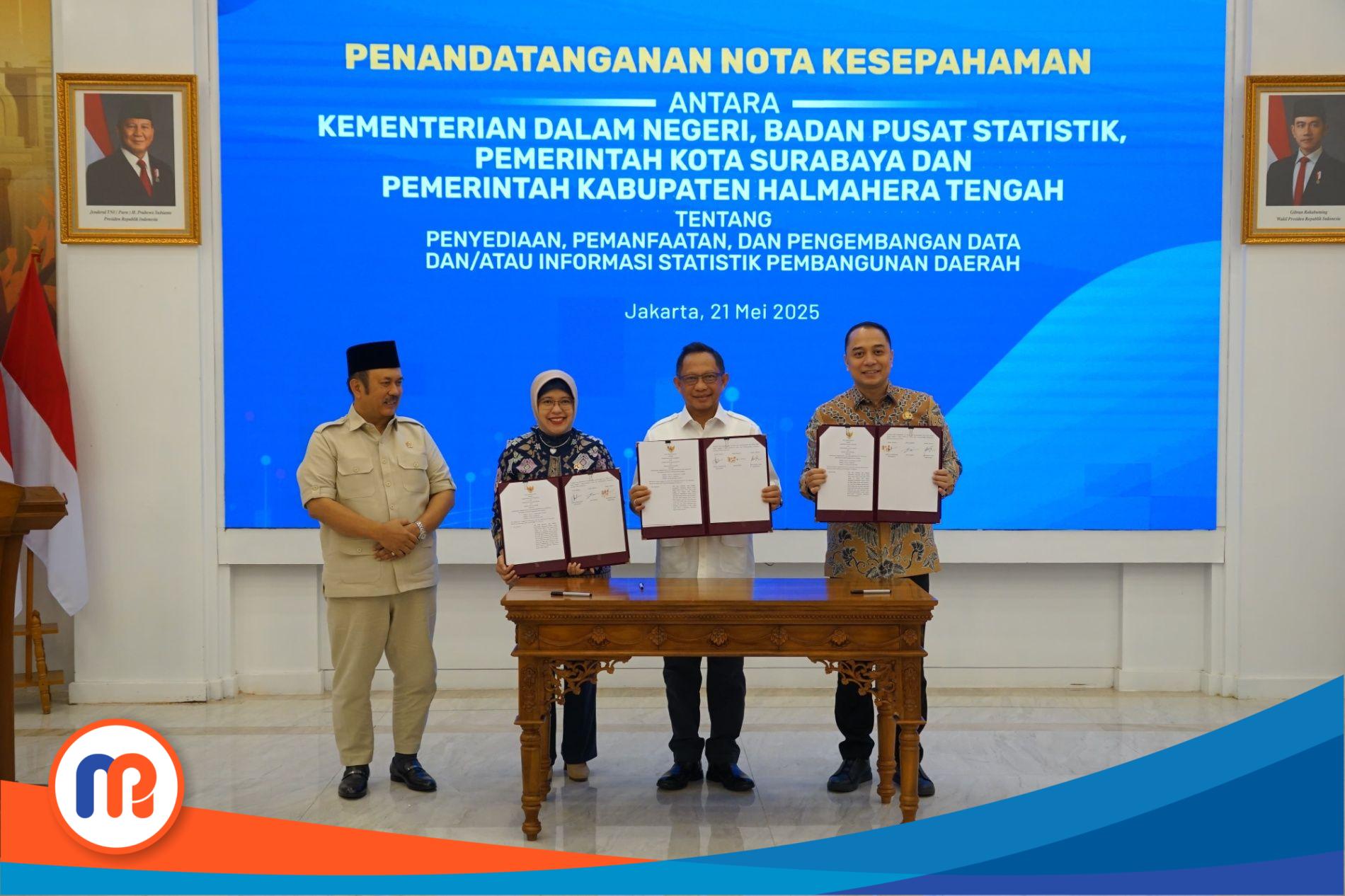 Pemerintah Kota (Pemkot) Surabaya menjalin kerjasama dengan Kementerian Dalam Negeri (Kemendagri) dan Badan Pusat Statistik (BPS). Penandatangan MoU dilakukan di Kantor Bappenas, Jakarta Pusat, Rabu (21/05/2025)