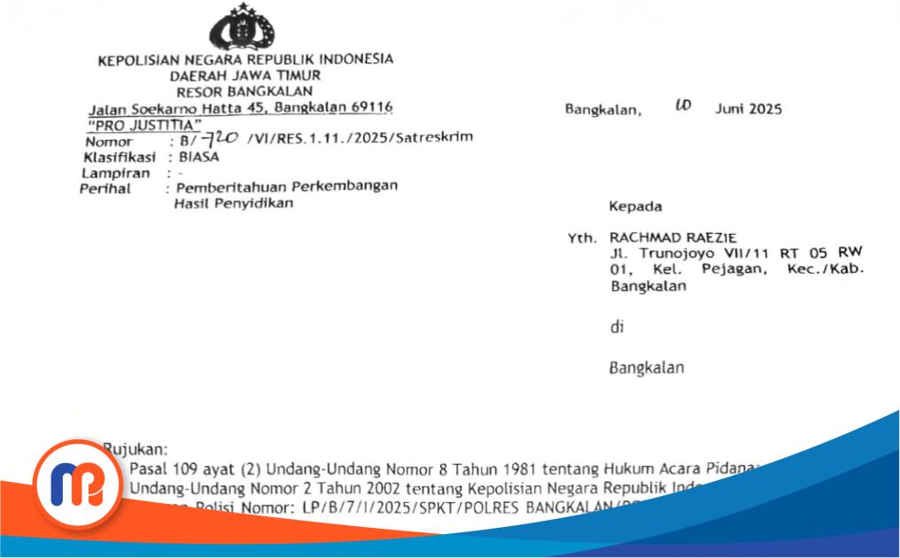 Surat Pemberitahuan Perkembangan Hasil Penyidikan (SP2HP) yang diterima oleh pelapor dari pihak kepolisian Polres Bangkalan