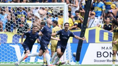 Pemain Auckland City FC merayakan gol ke gawang Boca Juniors, klub legendaris asal Argentina, dalam laga penuh tensi di Stadion Geodis Park, Nashville, FIFA Club World Cup 2025, Rabu (25/06/2025).