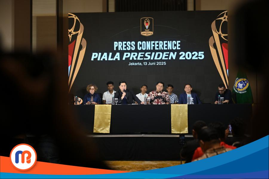 Erick Thohir, Ketua Umum PSSI, saat gelar press conference Piala Presiden 2025 di Menara Danareksa, Jakarta, Jumat (13/06/2025)