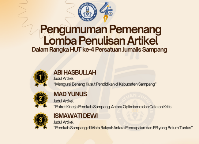 Pamflet pengumuman pemenang lomba artikel dalam rangka HUT ke-4 PJS