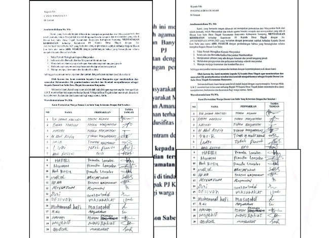 Surat keberatan warga Lon Sabe terkait oemecatan Kepala Dusunnya