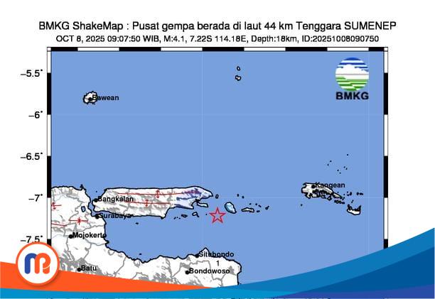 Flayer gempa berkekuatan 4,1 magnitudo mengguncang wilayah Pulau Sapudi pada Rabu (08/10/2025) pukul 09.07 WIB